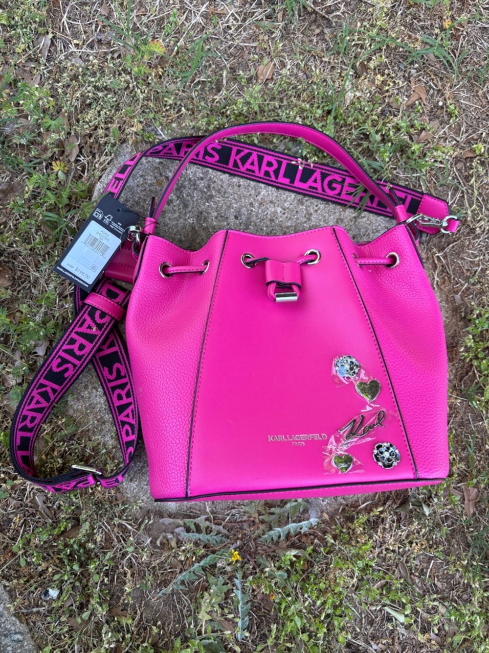 Karl Lagerfeld Hot Pink Pebbled Leather Bucket Bag with Branded Strap - Picture 2 of 5